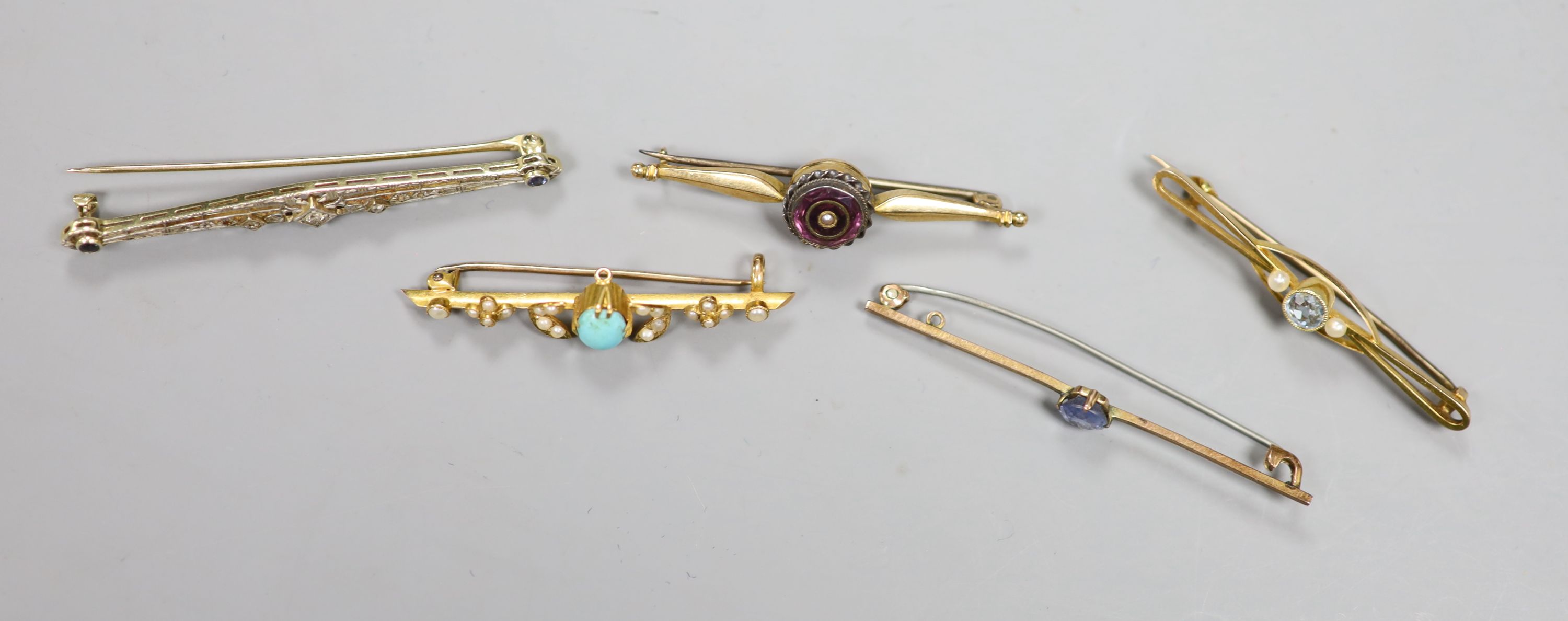 Five assorted bar brooches including early 20th century yellow metal sapphire and diamond set, a - Image 2 of 3