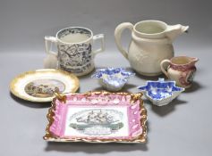 A quantity of mixed Victorian ceramics including a Sunderland lustre plaque, a jug, a two handled