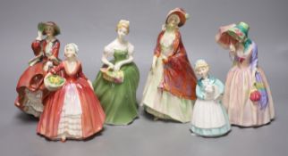 A collection of six Royal Doulton figures; The Paisley Shawl HN1392, Top o' the hill HN1834,