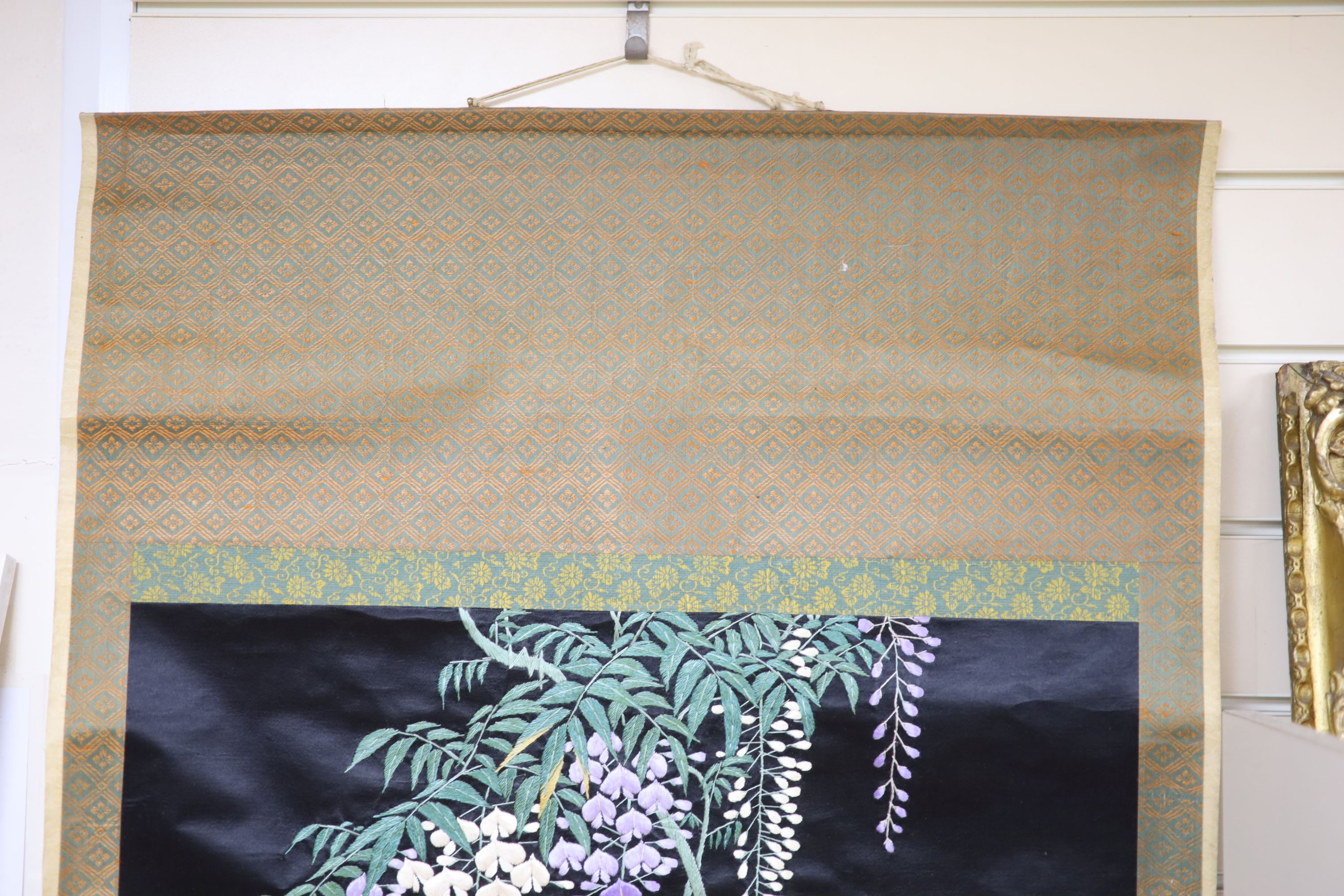 A Japanese embroidered 'wisteria' hanging scroll, overall length 170cm - Image 2 of 6