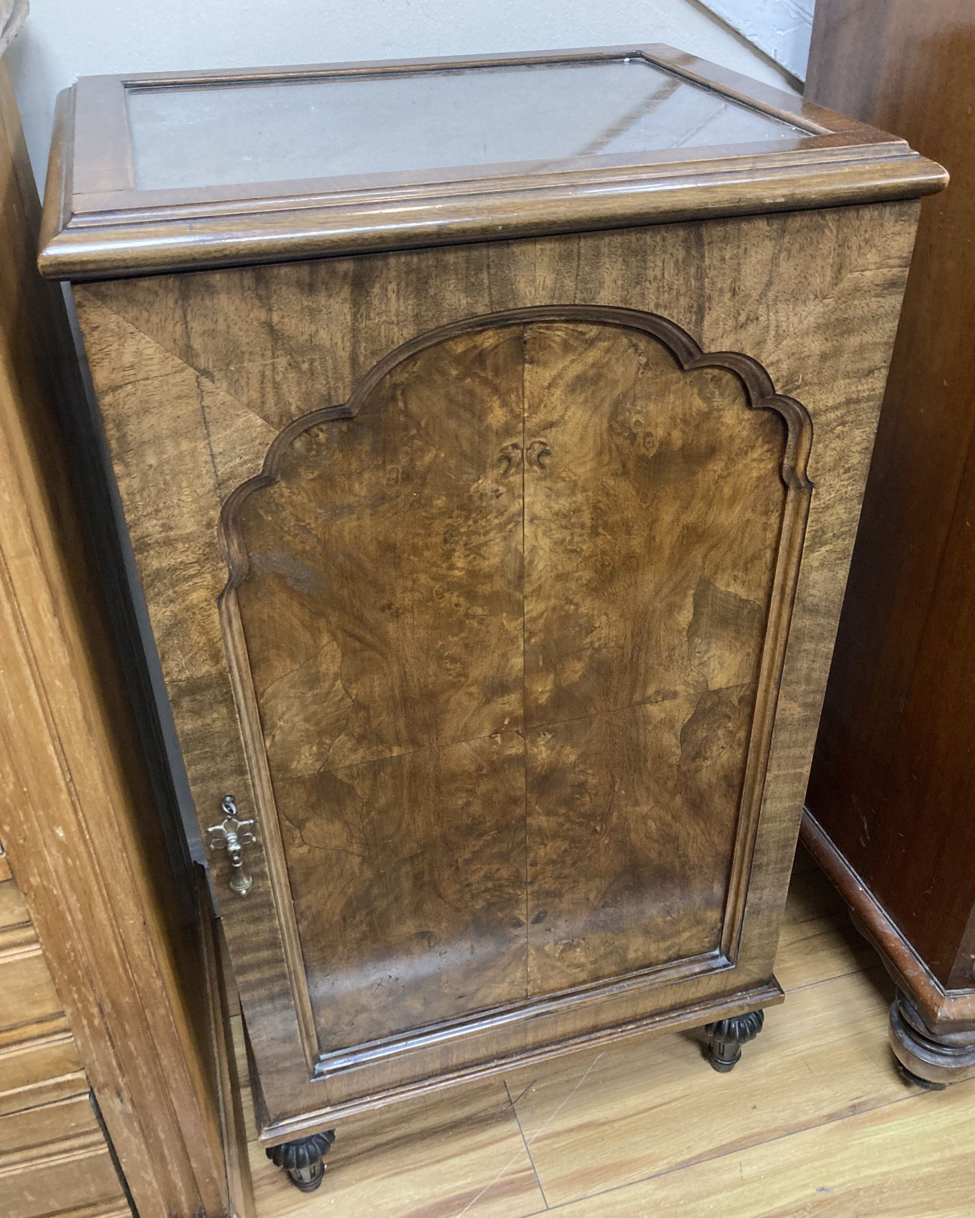 A Queen Anne revival walnut side cabinet, width 51cm, depth 42cm, height 93cm