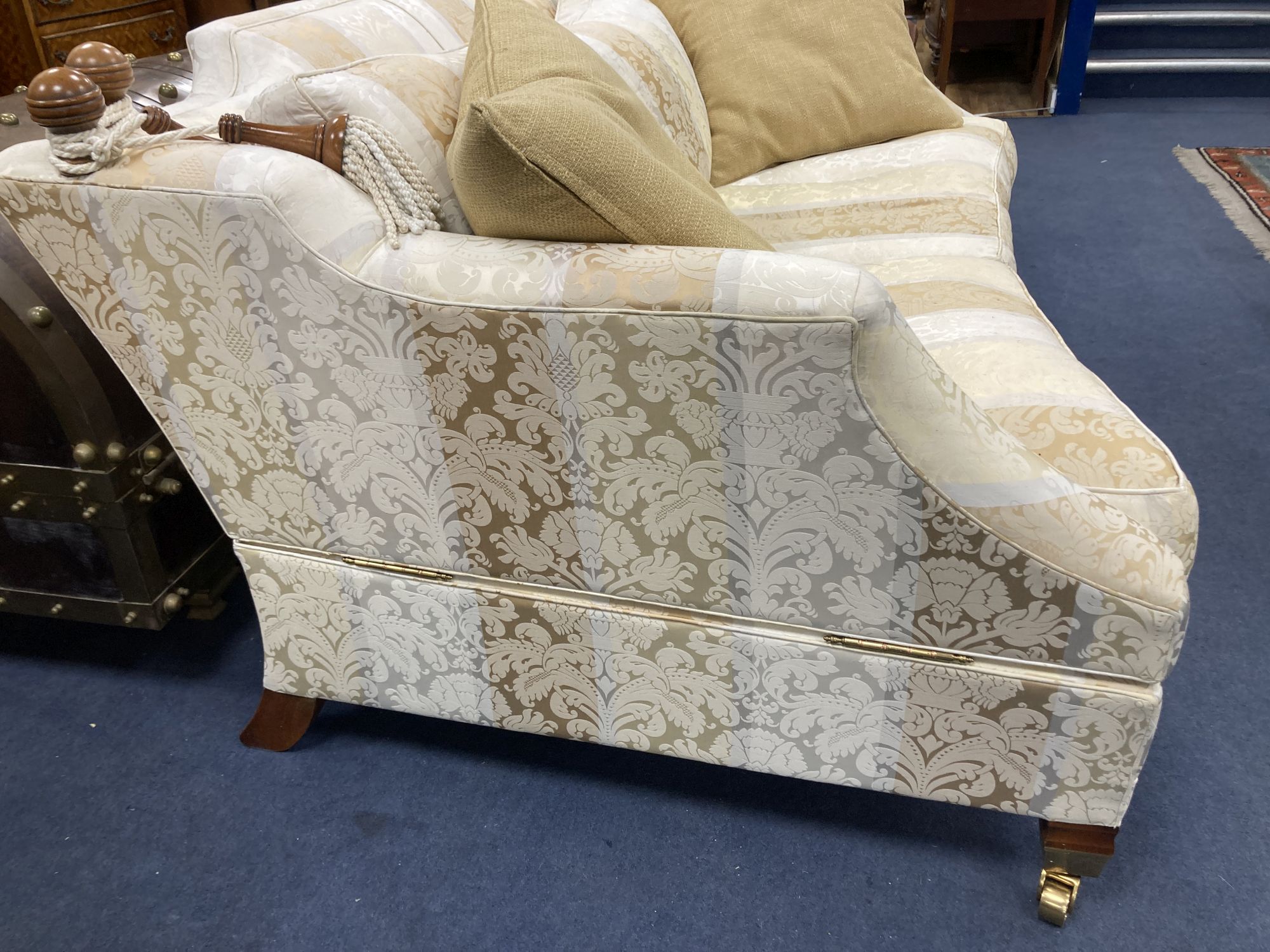Harrods. Two large two seater settees, upholstered in cream brocade, larger 238cm, depth 118cm, - Image 3 of 4