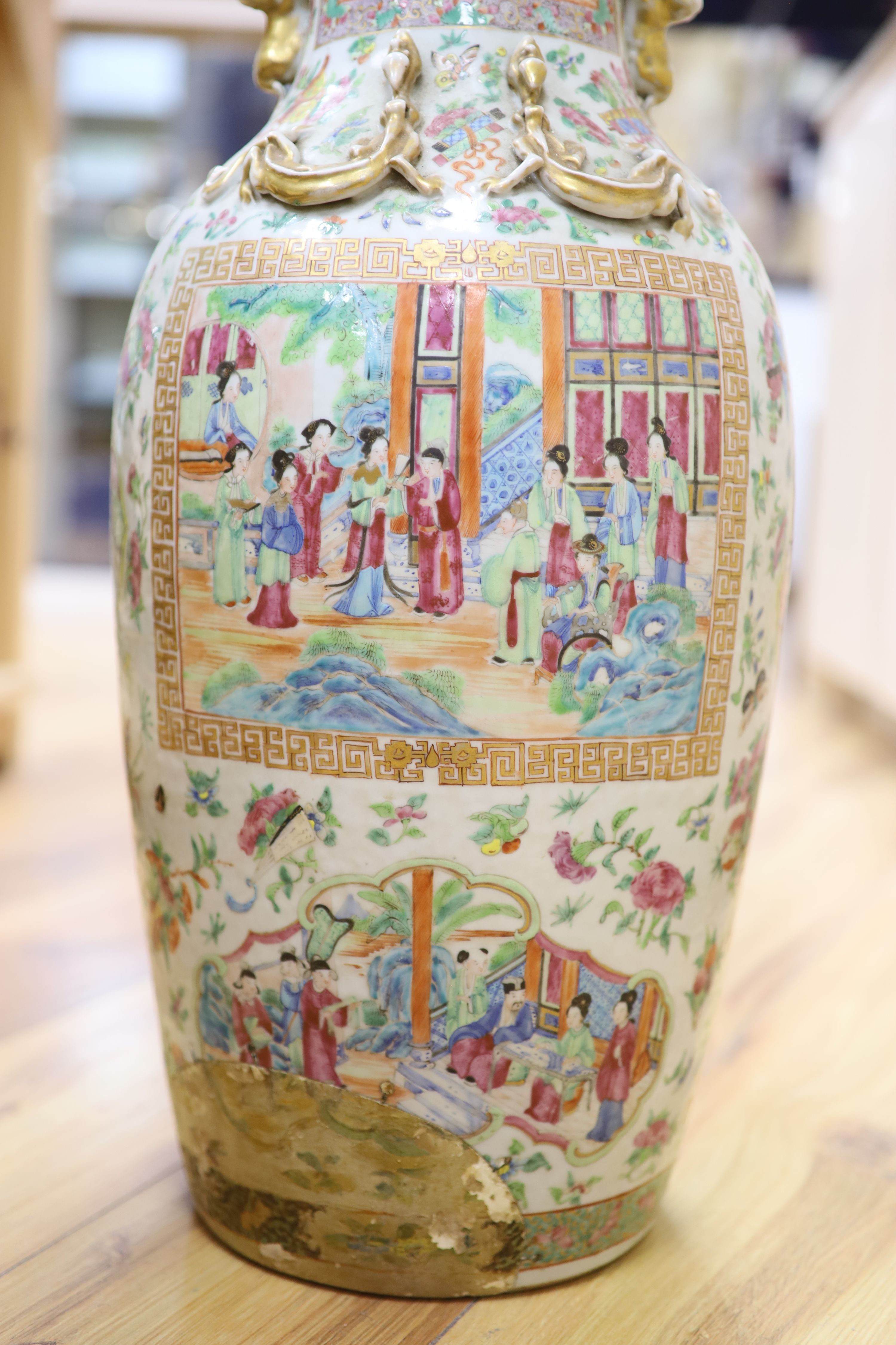 A large 19th century Cantonese famille rose vase, height 62cm (a.f.) - Image 2 of 5