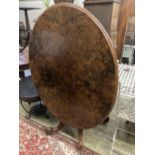 A Victorian burr walnut oval loo table, length 120cm, height 72cm