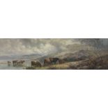 Edward Henry Holder (1847-1922), oil on board, Highland cattle watering, signed, 16 x 51cm