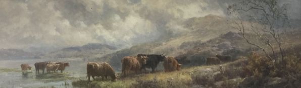 Edward Henry Holder (1847-1922), oil on board, Highland cattle watering, signed, 16 x 51cm