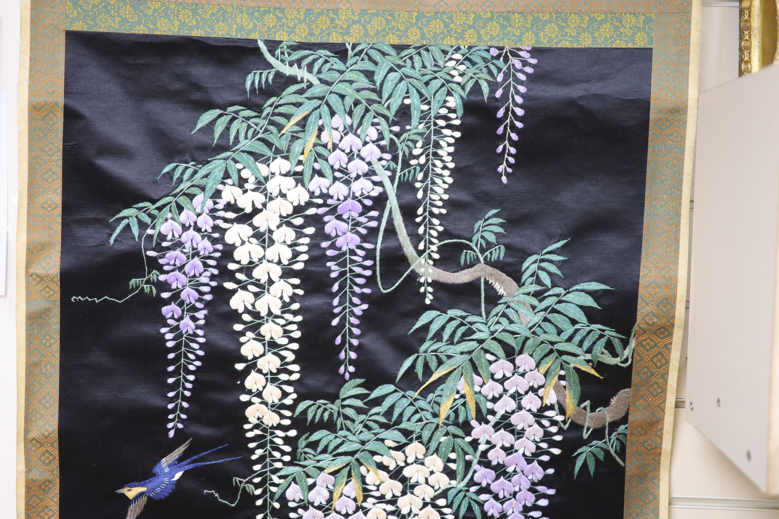 A Japanese embroidered 'wisteria' hanging scroll, overall length 170cm - Image 3 of 6