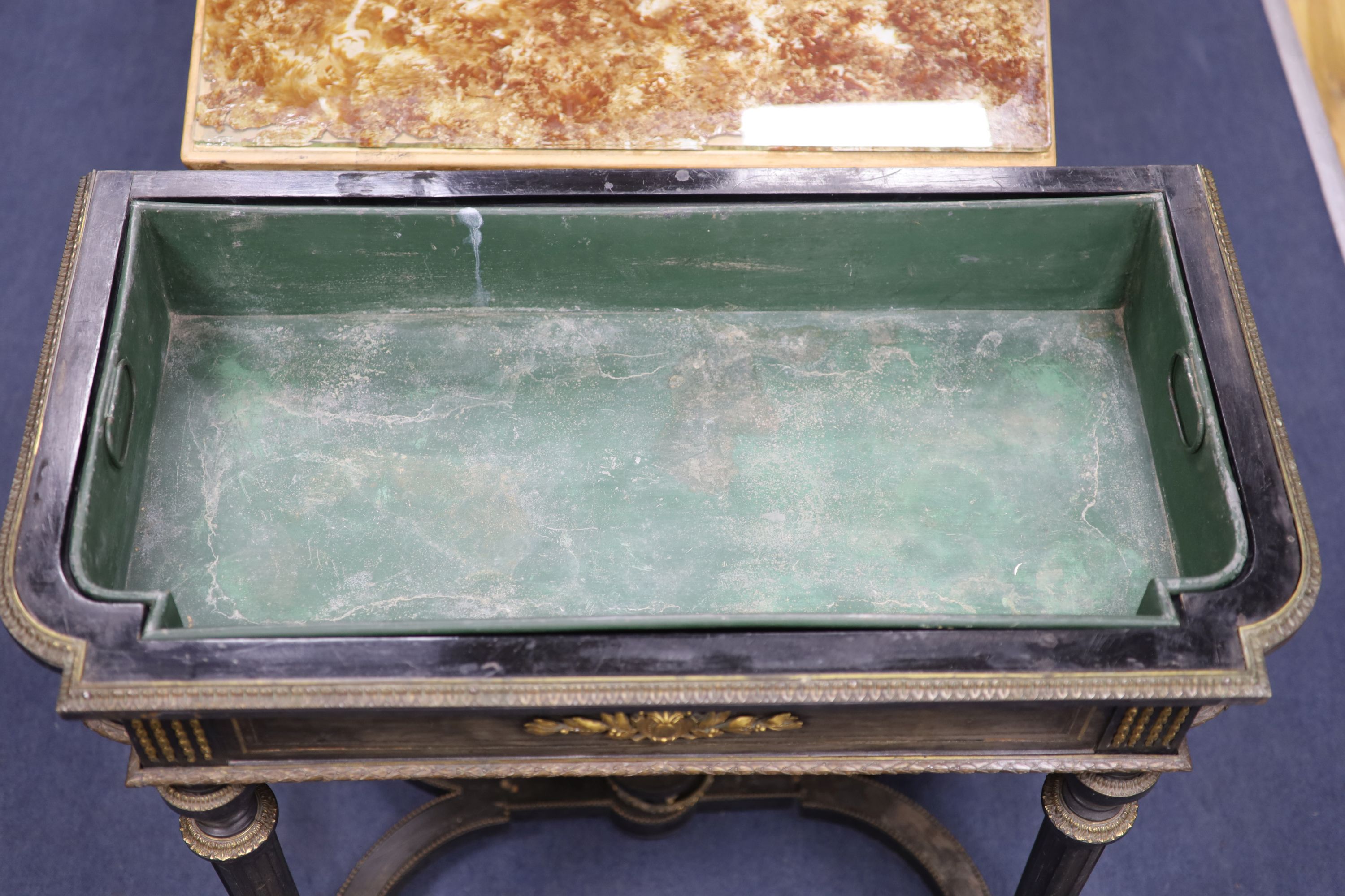 A 19th century French ebonised marble top jardiniere table, width 88cm, depth 48cm, height 86cm - Image 8 of 8
