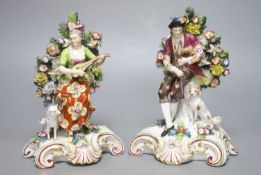 A pair of Continental figurine musicians with bocage backs, height 22cm