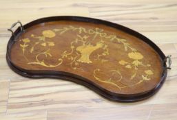 An Edwardian mahogany and marquetry inlaid two handled tea tray