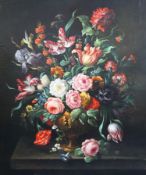 17th century Dutch styleoil on canvasStill life of flowers in an urn upon a ledge35 x 29in.