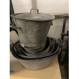 Seven galvanised metal oval tubs and containers, largest 70 x 46cm