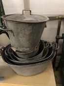 Seven galvanised metal oval tubs and containers, largest 70 x 46cm