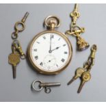 A George V 9ct gold open faced keyless lever pocket watch, retailed by Hinds Ltd, London, six