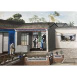 Chinese School c.1800, gouache on paper, Courtyard scene with figures preparing tea, 29 x 42cm,