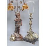 A bronzed resin three-branch table lamp and one other lamp, tallest overall 82cm