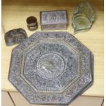 A pair of Indian cast metal trays and four other items, including a pair of octagonal embossed