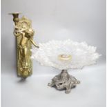 A moulded glass cake stand, on a cast metal base, diameter 31cm, and a cast brass wall sconce