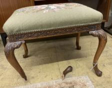 A George III style floral tapestry upholstered rectangular topped mahogany dressing stool, in the