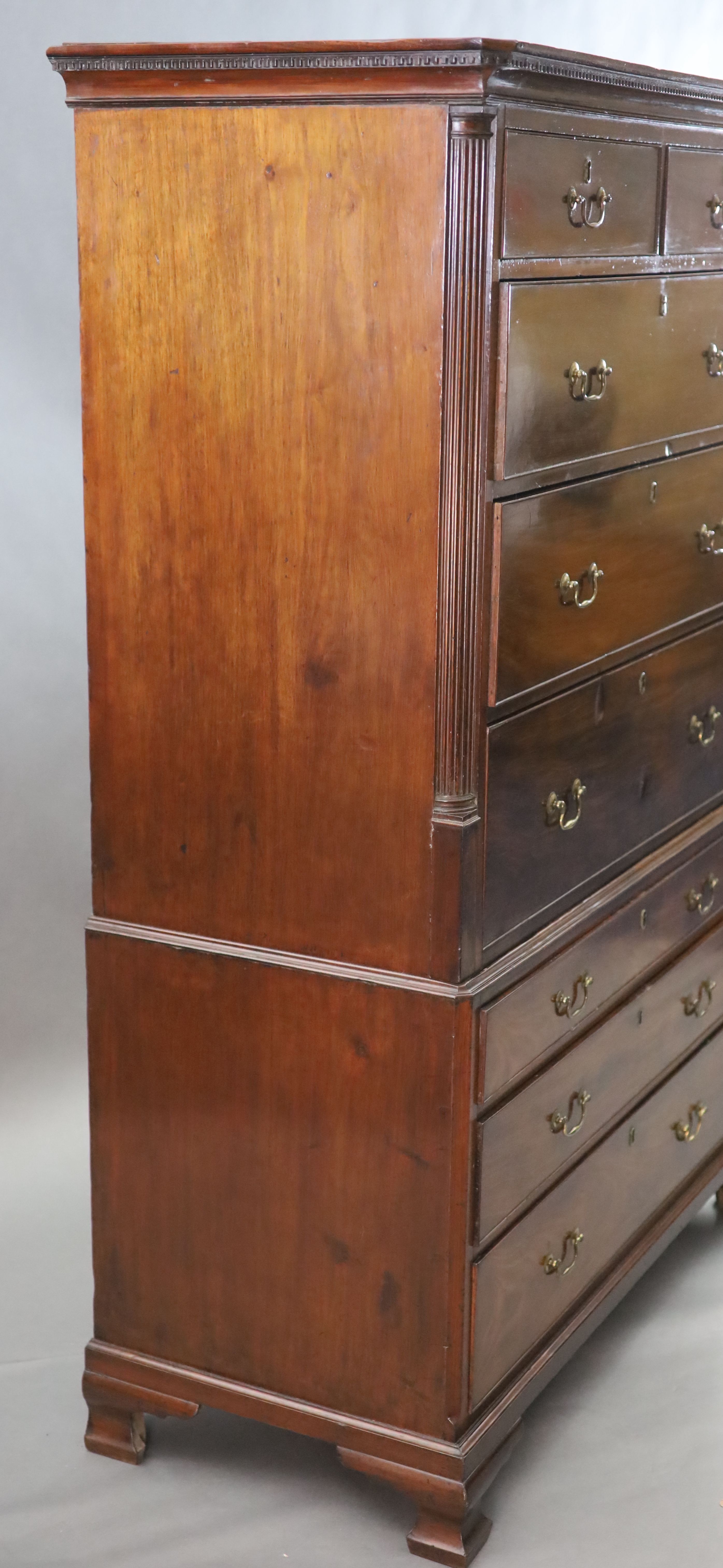 A George III mahogany chest on chest, with dentil cornice, two short and six graduated long drawers, - Image 3 of 3