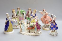 Six 20th century Continental figure groups including Rosenthal