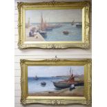 A. Young, pair of oils on canvas, Brittany harbour and beach scenes with figures and fishing