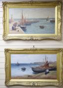 A. Young, pair of oils on canvas, Brittany harbour and beach scenes with figures and fishing