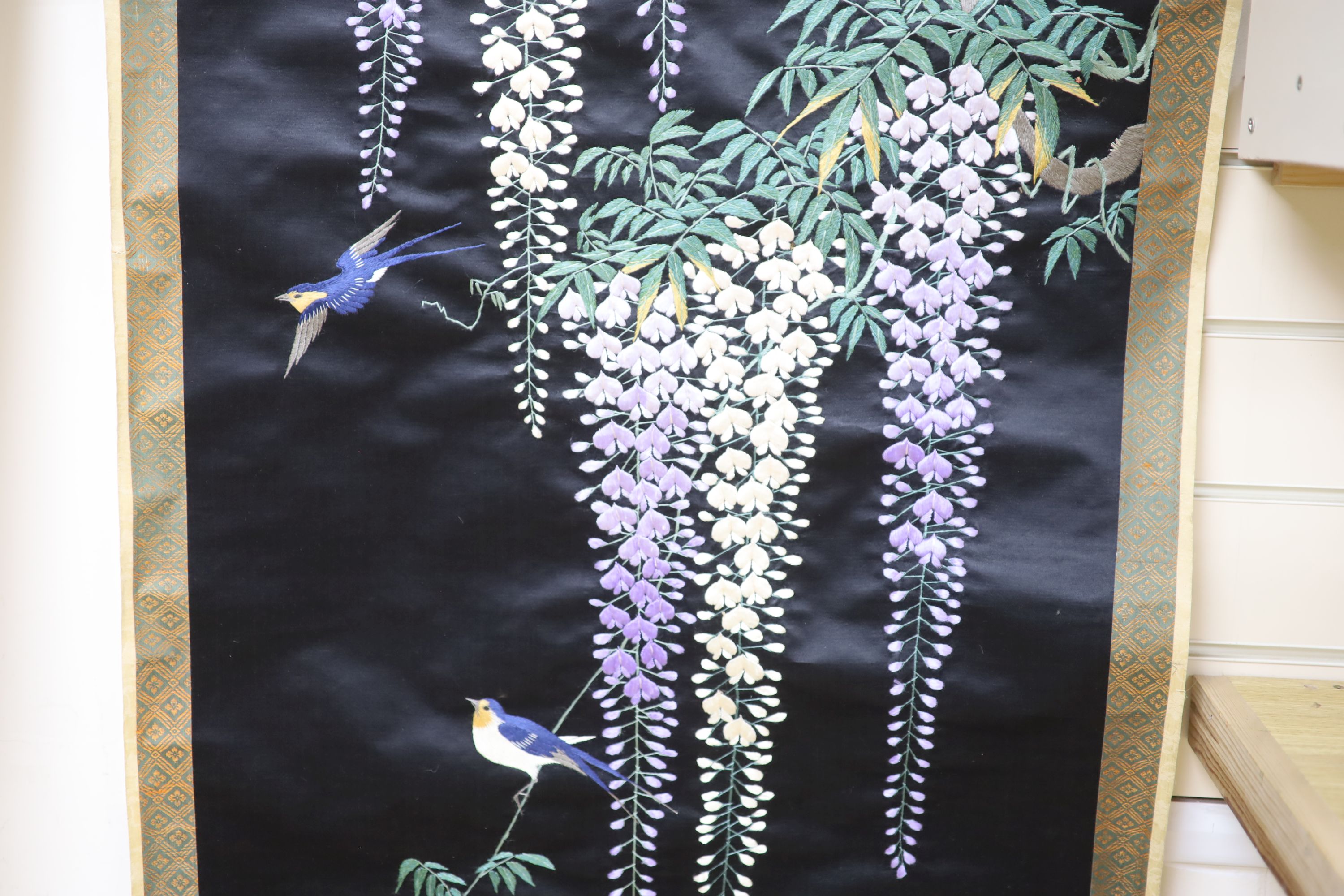 A Japanese embroidered 'wisteria' hanging scroll, overall length 170cm - Image 4 of 6