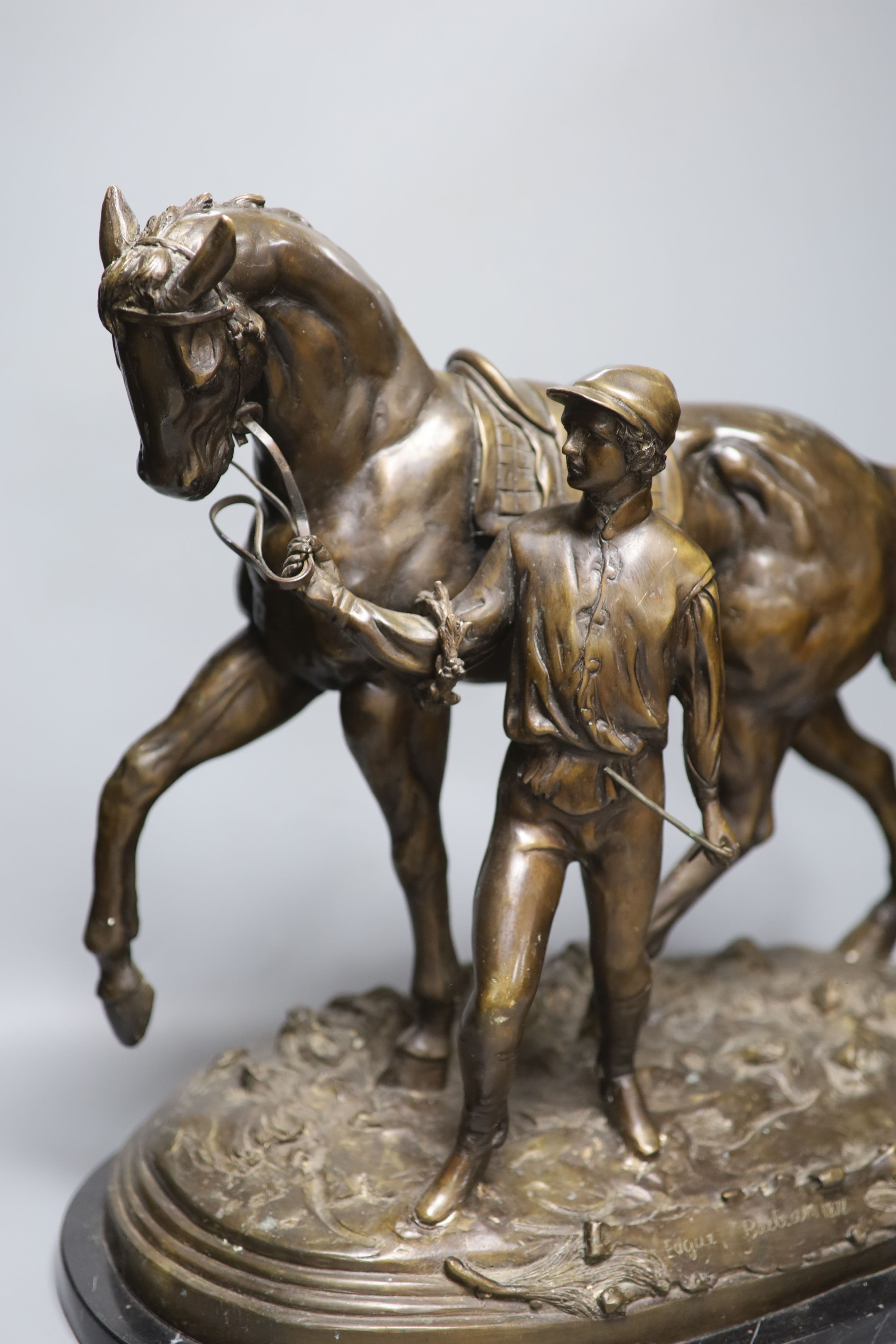 After Edgar Beetram. A large bronze horse and jockey, signed 1872, length 52cm - Image 2 of 4