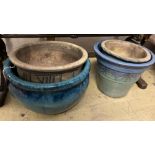 Four glazed earthenware garden planters, largest diameter 44cm height 26cm