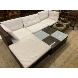 A rattan garden sofa, foot stool and glass top table, sofa width 210cm depth 70cm height 54cm