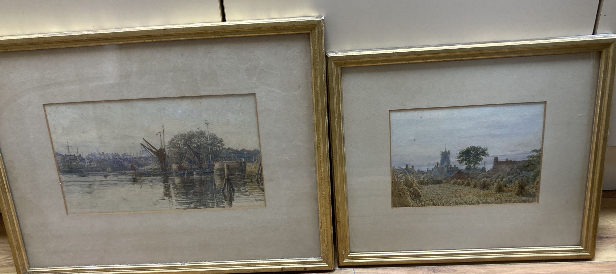 H.R. 1886, two watercolours, Harbour scene and View of a cornfield, monogrammed and dated, 17.5 x