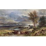 A. Lewis, oil on canvas, Highland cattle beside a loch, signed, 29 x 50cm