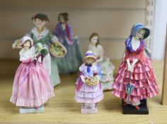 A collection of seven Royal Doulton figures: Priscilla HN1340, Daffy Down Dilly HN1712, The New
