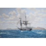 John Chancellor, signed colour print, 'HMS Beagle in the Galapagos', 52 x 74cm