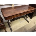 A Victorian mahogany side table with cast iron underframe, width 130cm, depth 60cm, height 80cm