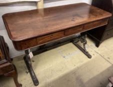 A Victorian mahogany side table with cast iron underframe, width 130cm, depth 60cm, height 80cm