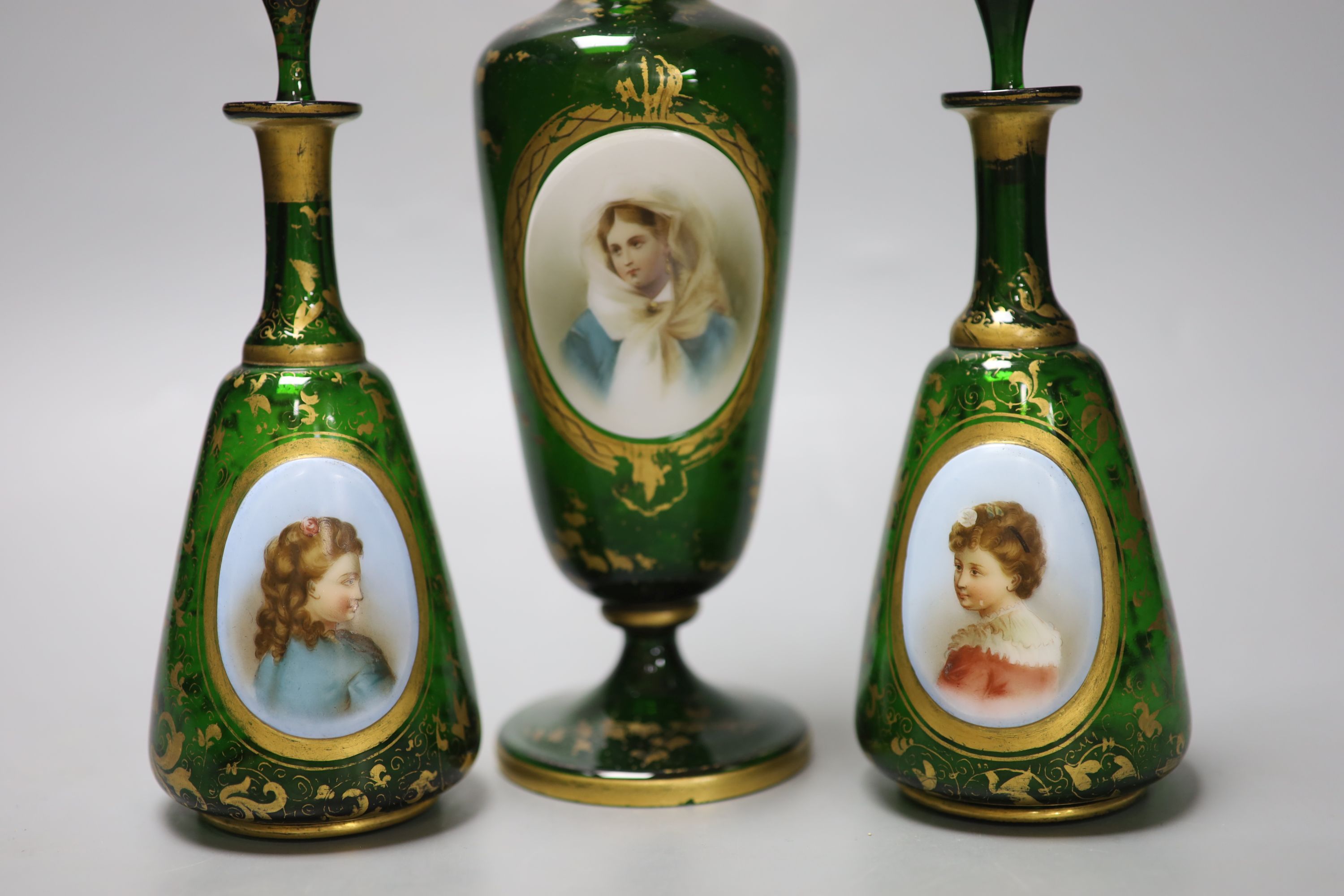 A Bohemian gilded glass vase with porcelain portrait plaque, late 19th century and a pair of similar - Image 2 of 6