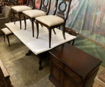 A Regency style mahogany dining suite, comprising rectangular dining table, 176cm extended (one