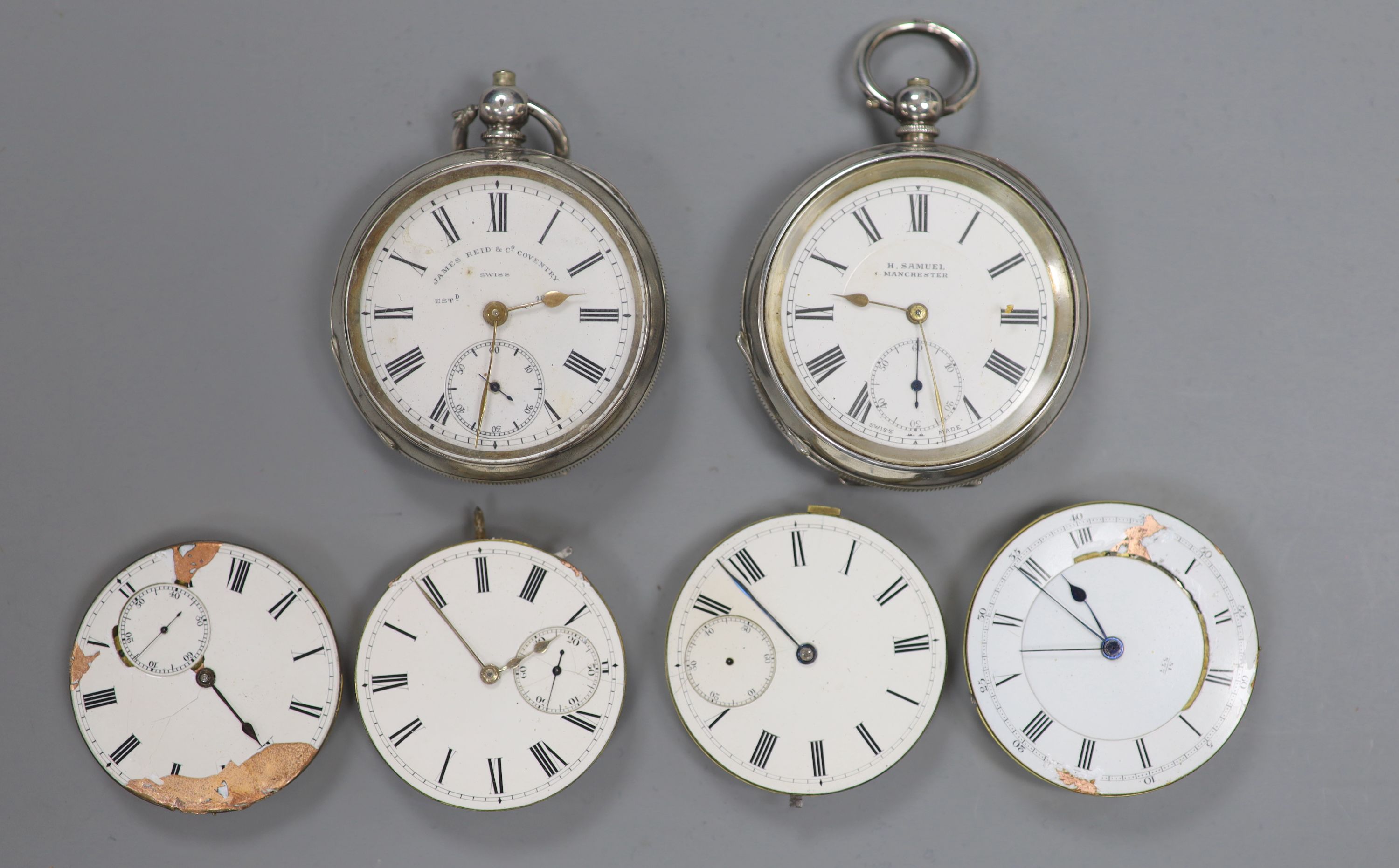 Two early 20th century silver or white metal pocket watches and four assorted pocket watch