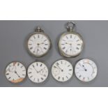 Two early 20th century silver or white metal pocket watches and four assorted pocket watch