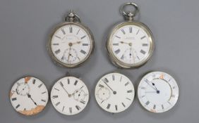 Two early 20th century silver or white metal pocket watches and four assorted pocket watch