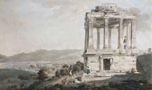 A 19th century hand coloured print of figures beside ruins, 28 x 47cm