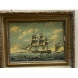 A modern oil on panel of a 19th century warship off the coast, 23 x 32cm