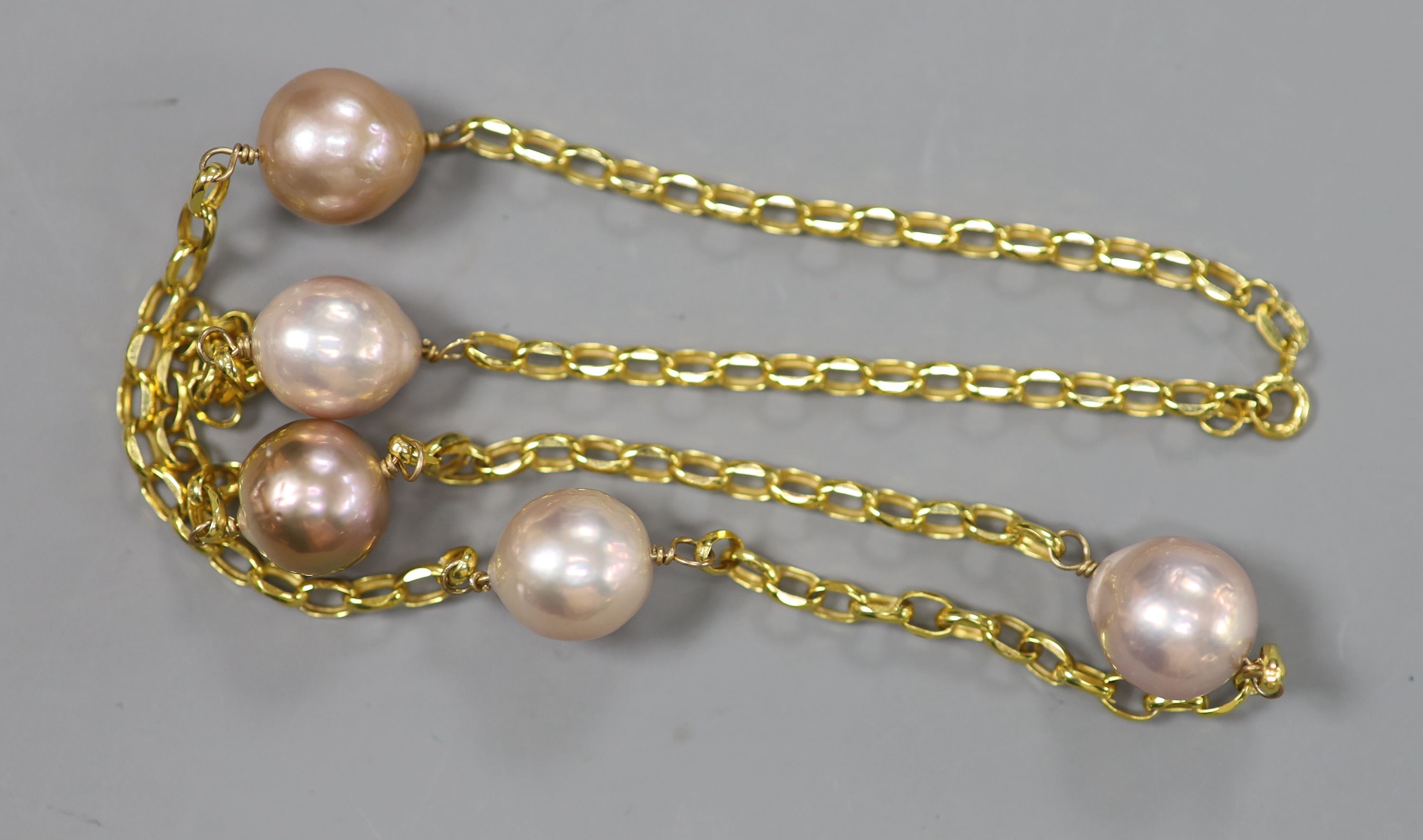 A modern 9ct gold and five stone cultured freshwater pearl choker necklace, 44cm, gross 15.2 grams. - Image 2 of 2