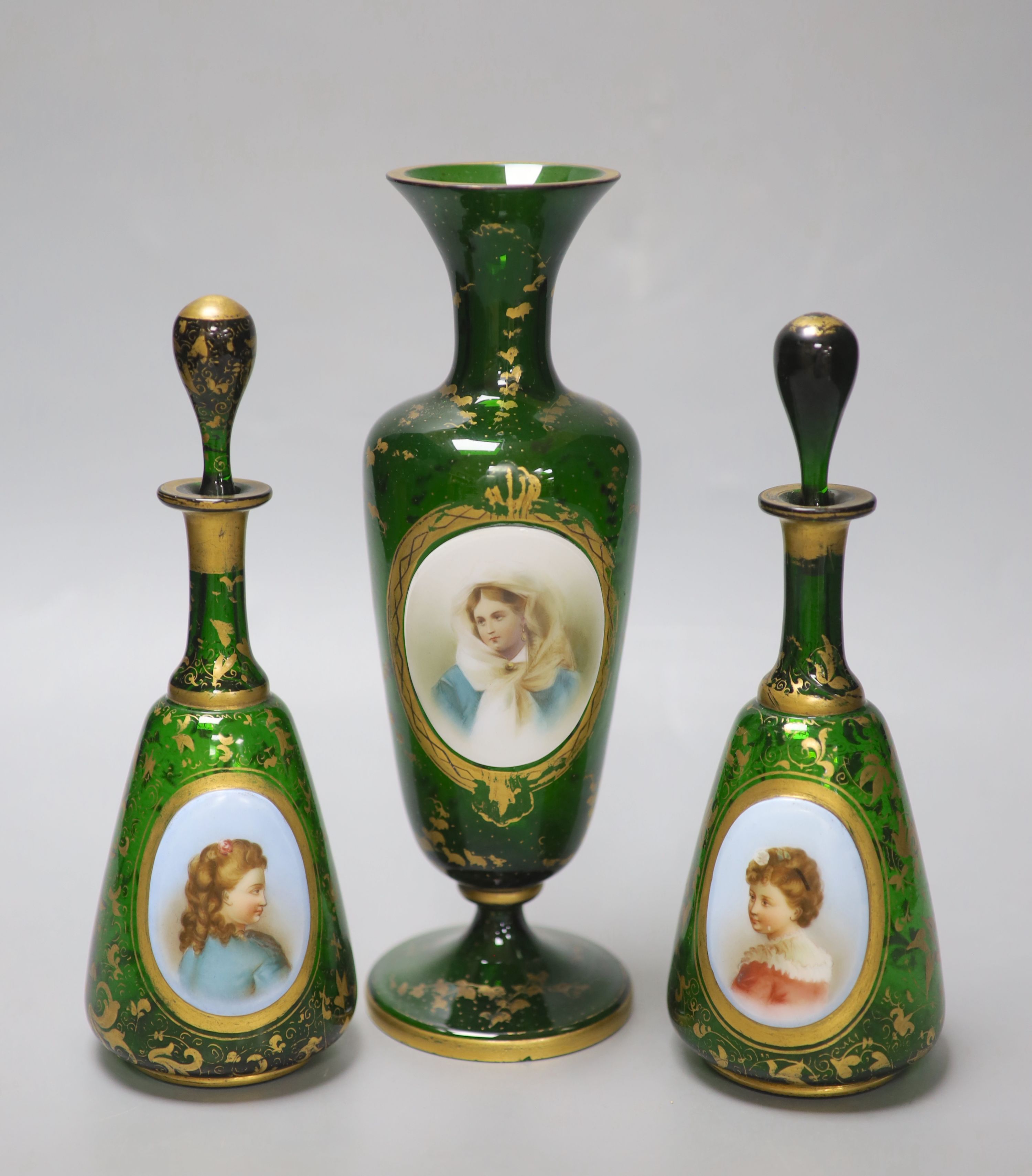 A Bohemian gilded glass vase with porcelain portrait plaque, late 19th century and a pair of similar