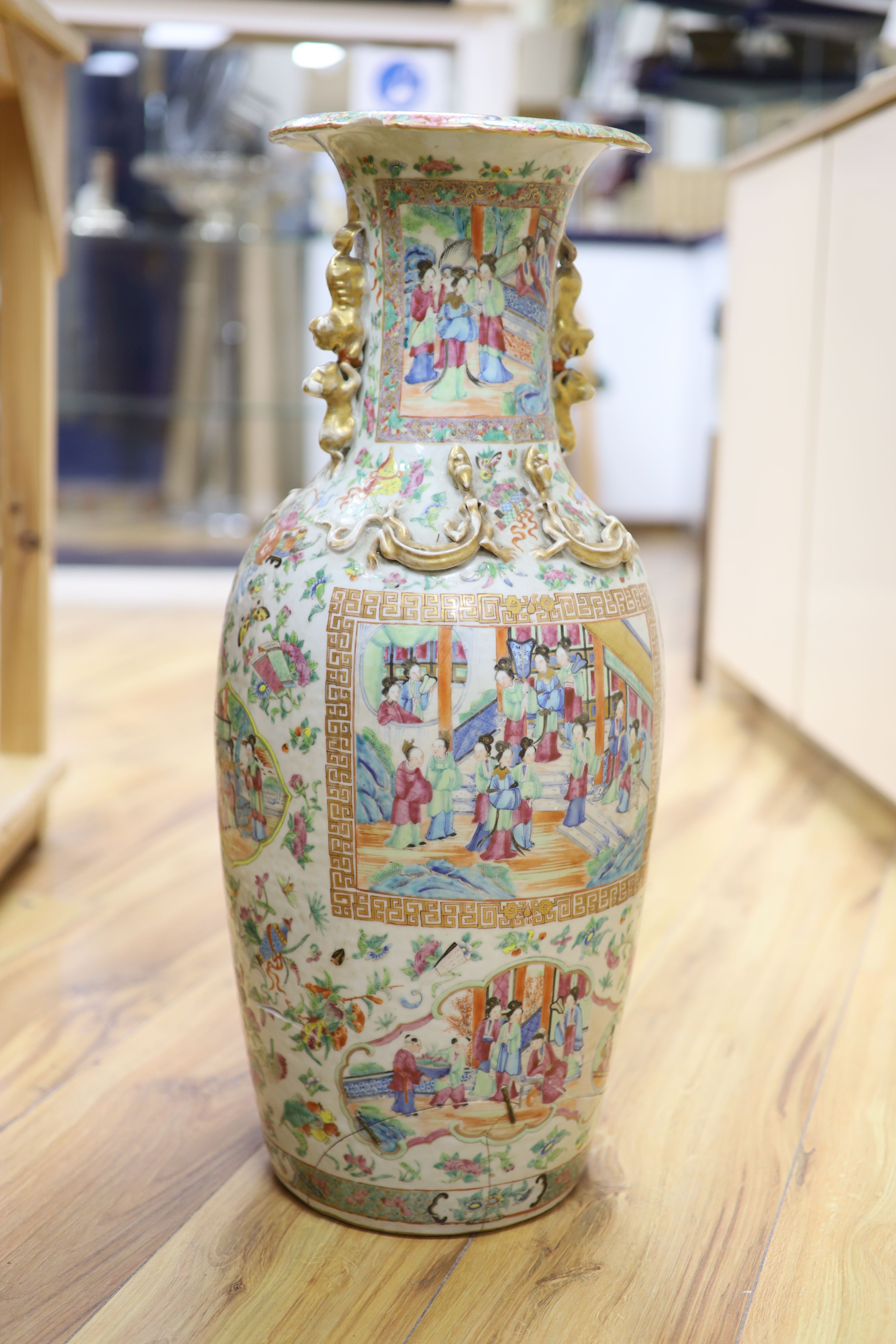 A large 19th century Cantonese famille rose vase, height 62cm (a.f.) - Image 4 of 5