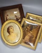 Four Edwardian coloured reverse glass prints, framed