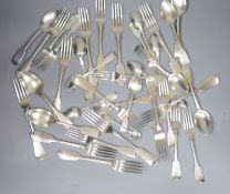 A matched part service of Old English pattern silver flatware, Georgian and later, some