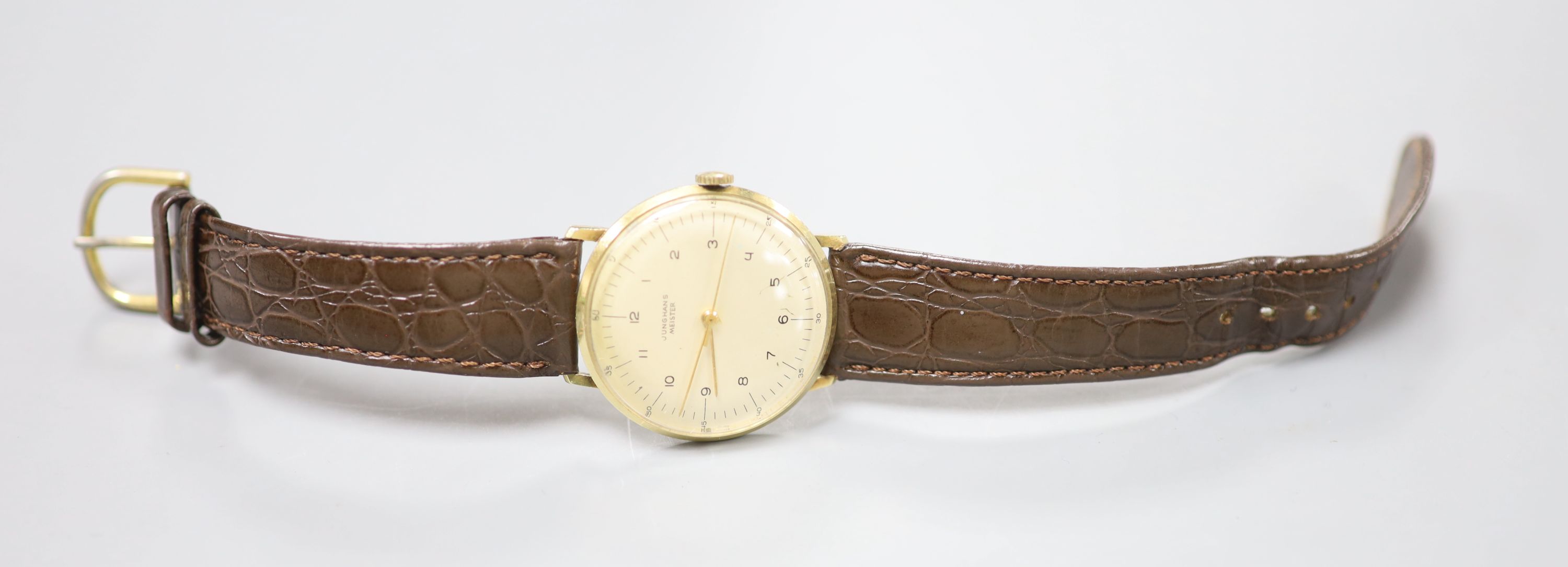 A gentleman's 14ct Junghans Meister manual wind wrist watch, on a associated leather strap and - Image 2 of 3